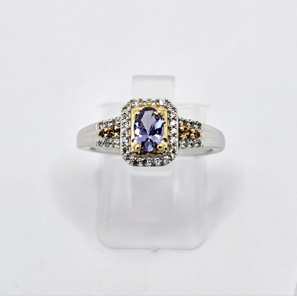 Genuine Tanzanite, Champagne & White Zircon Platinum Sterling Silver Sz 7 - Picture 5 of 10